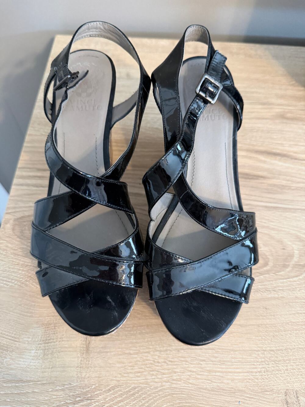 Vince Camuto Black Patent Strappy Wedge Sandals 7M